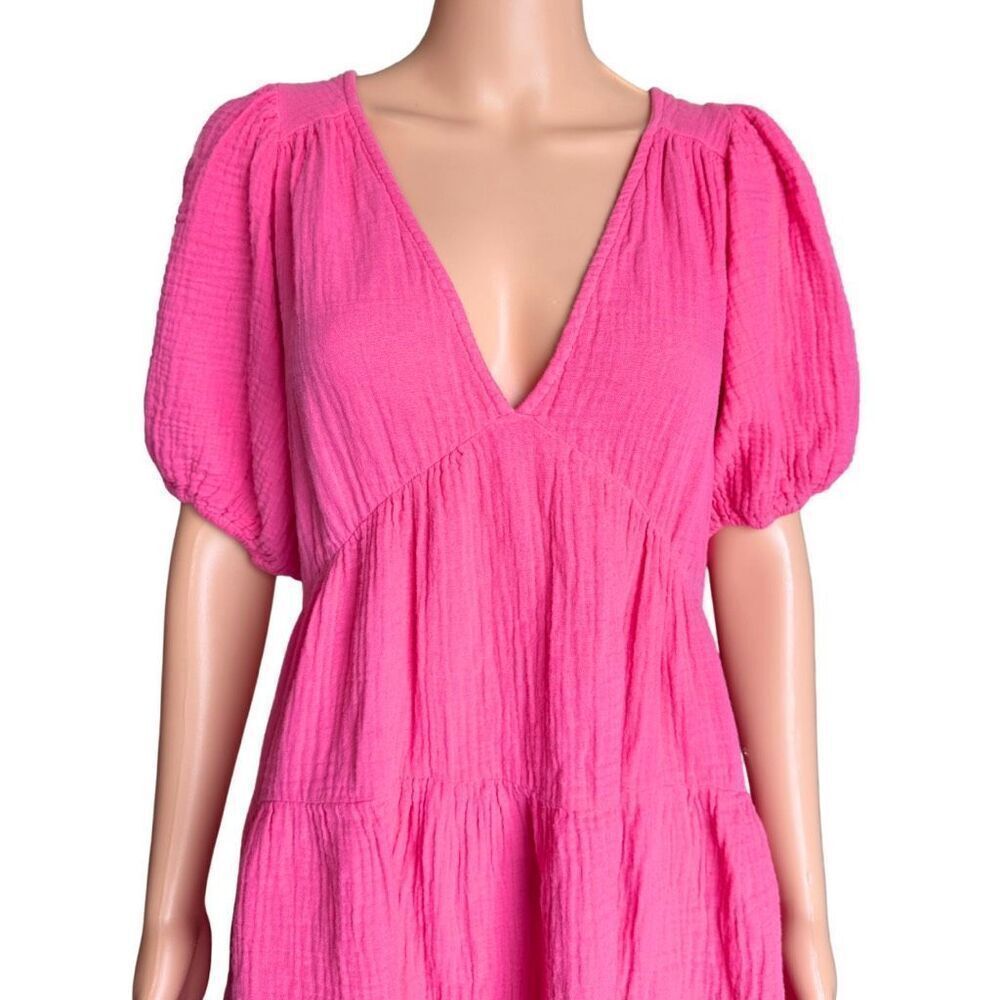 Xirena Nissa Pink Cotton Gauze Tiered Mini Dress V Neck Open Tie Back Large - Picture 5 of 9